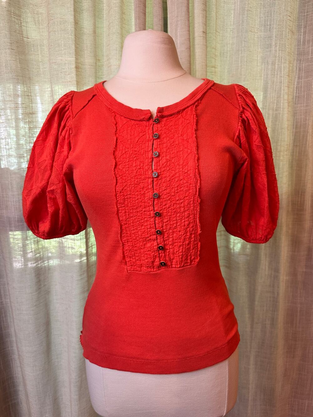 Pilcro Anthropologie Puff Sleeve Henley Top ORANGE Size Small
